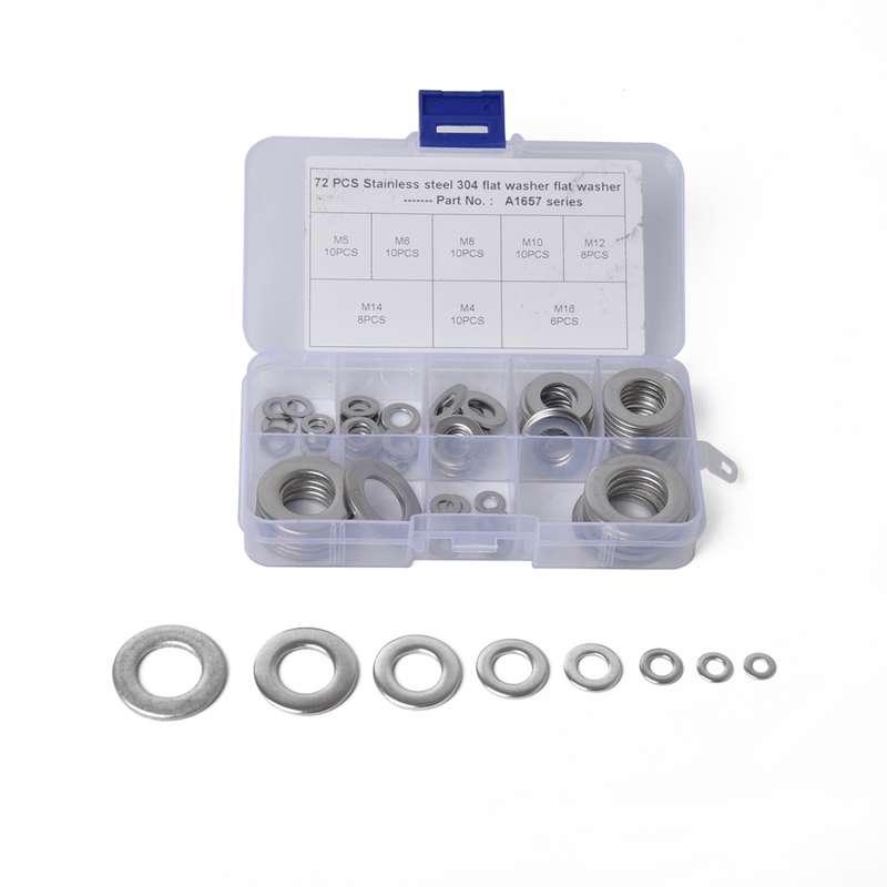 72 PCS Round Shape Stainless Steel Flat Washer Assorted Kit M4-M16 for Car / Boat / Home Appliance