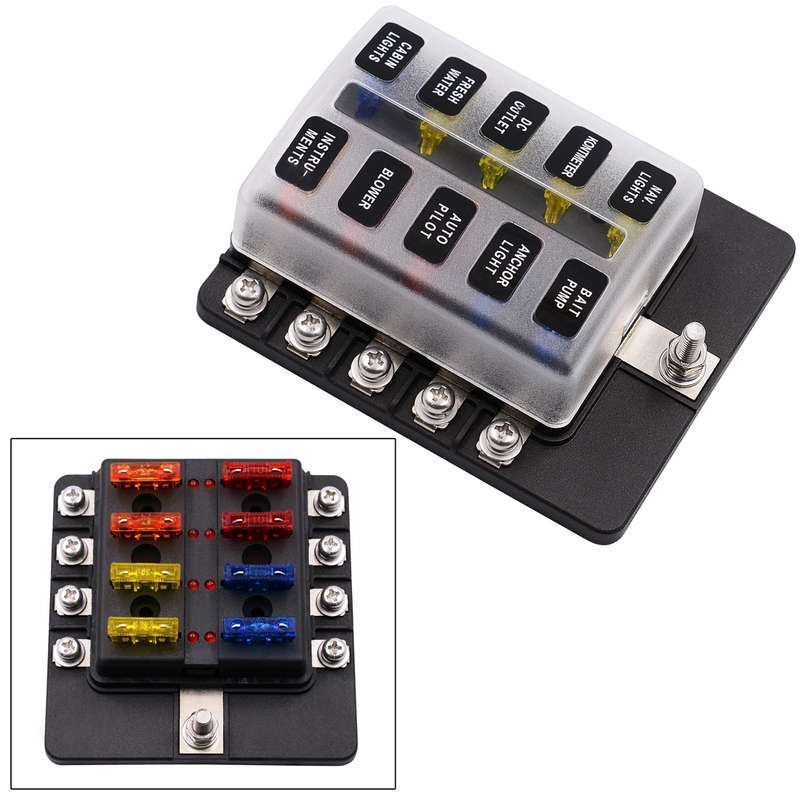 1 in 10 Out Fuse Box Screw Terminal Section Fuse Holder Kits with LED Warning Indicator for Auto Car