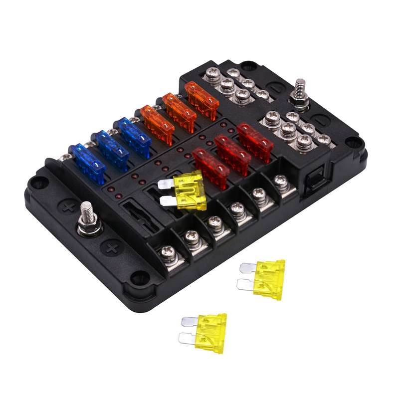 Independent Positive and Negative 1 in 12 Out 12 Way Circuit Blade Fuse Box Fuse Holder Kits with LE