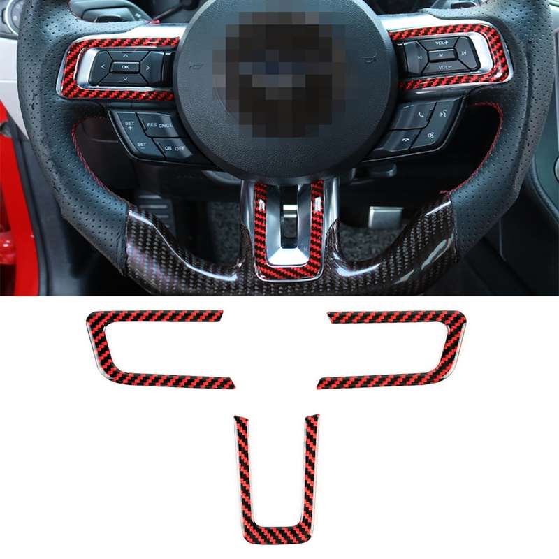 3 in 1 Car Carbon Fiber Steering Wheel Button Decorative Sticker for Ford Mustang 2015-2020