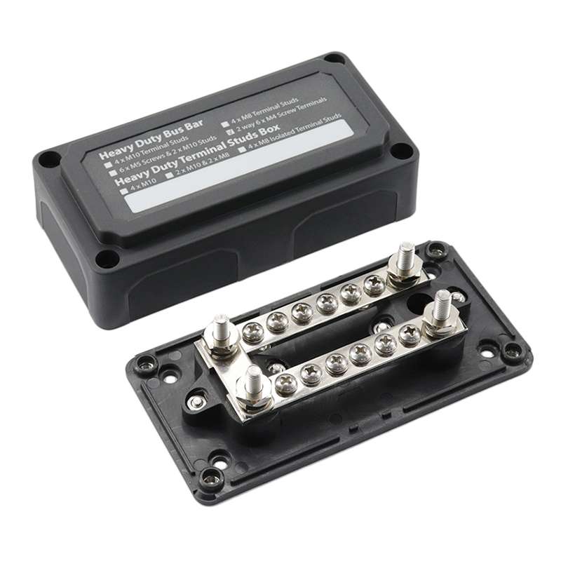Max DC 48V 100A Heavy-Duty Module Design Bus Bar 4 M6 / 12 M4 Terminal Studs Box Busbar for Car / RV