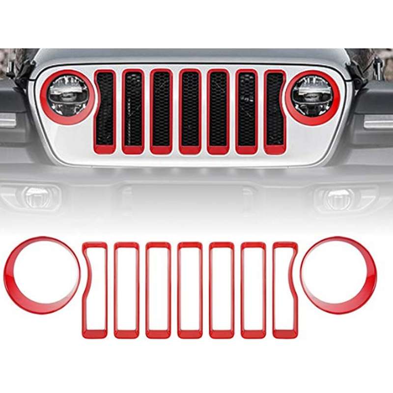 Car Mesh Grille Grill Insert + Headlight Turn Light Cover Trim for Jeep Wrangler JL 2018-2019(Black)