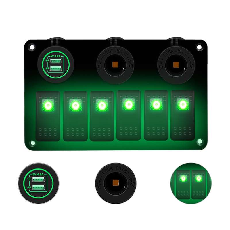 Multi-functional Combination Switch Panel 12V / 24V 6 Way Switches + Dual USB Charger for Car RV Mar
