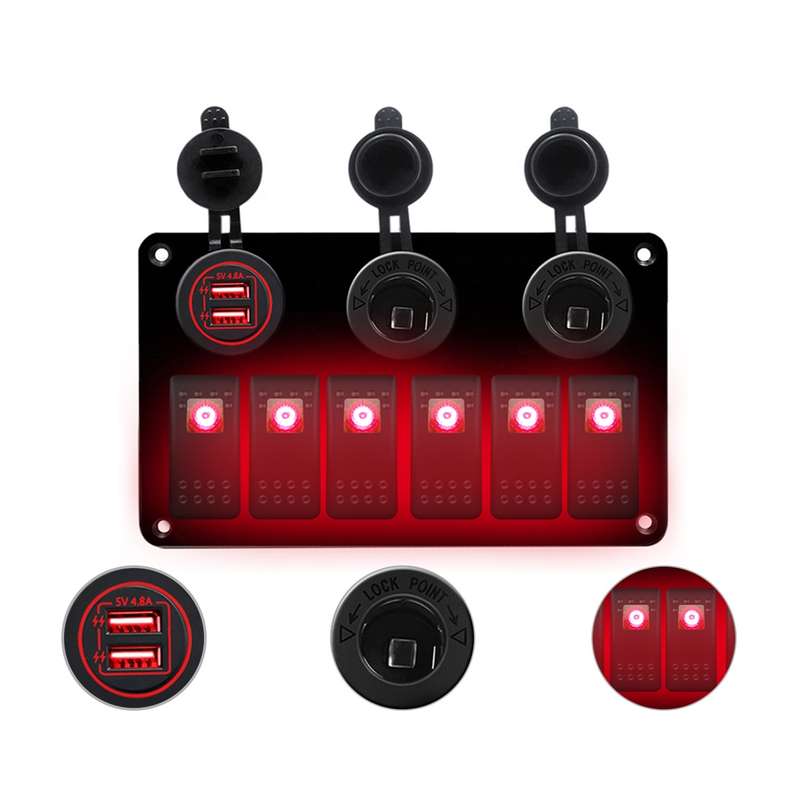 Multi-functional Combination Switch Panel 12V / 24V 6 Way Switches + Dual USB Charger for Car RV Mar