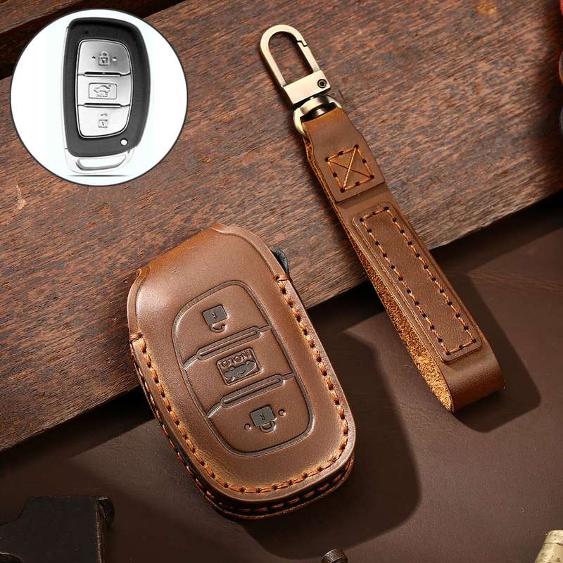 Hallmo Car Cowhide Leather Key Protective Cover Key Case for Hyundai IX35 A Style(Black)