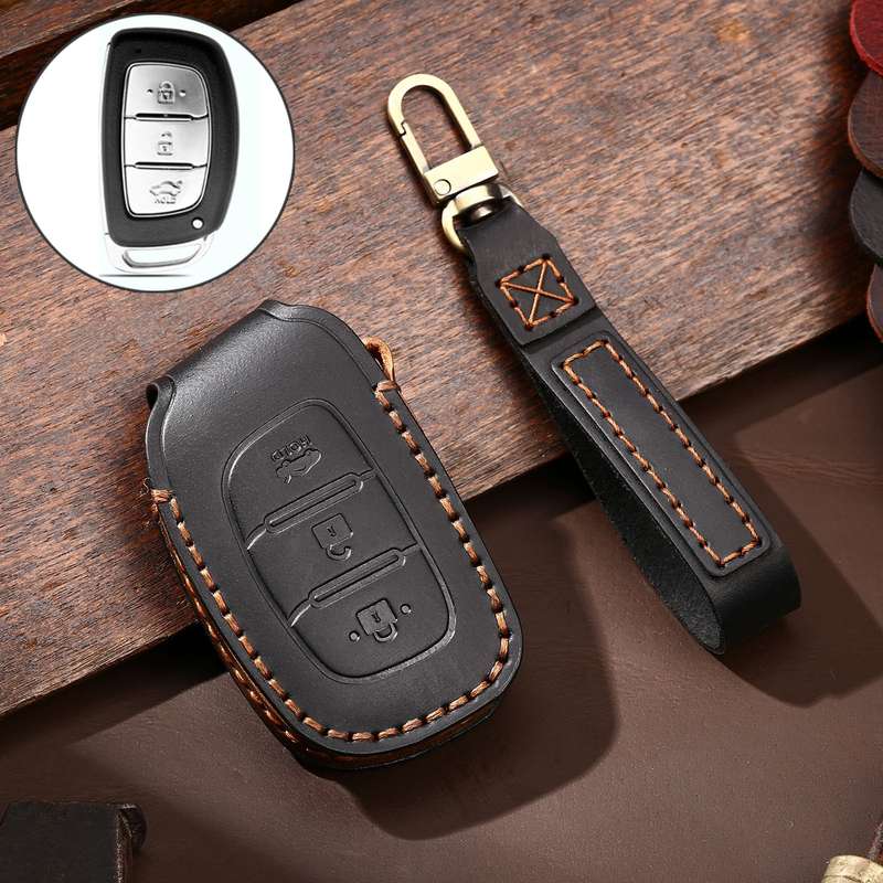 Hallmo Car Cowhide Leather Key Protective Cover Key Case for Hyundai IX35 B Style(Black)