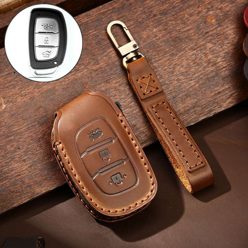Hallmo Car Cowhide Leather Key Protective Cover Key Case for Hyundai IX35 B Style(Black)