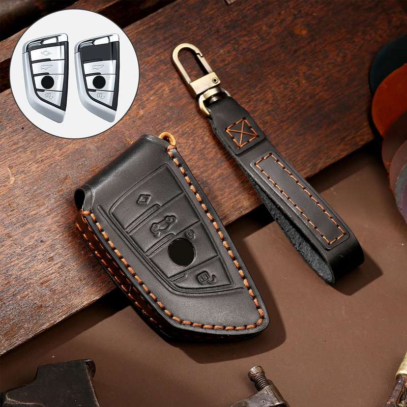 Hallmo Car Cowhide Leather Key Protective Cover Key Case for BMW Blade Style(Black)