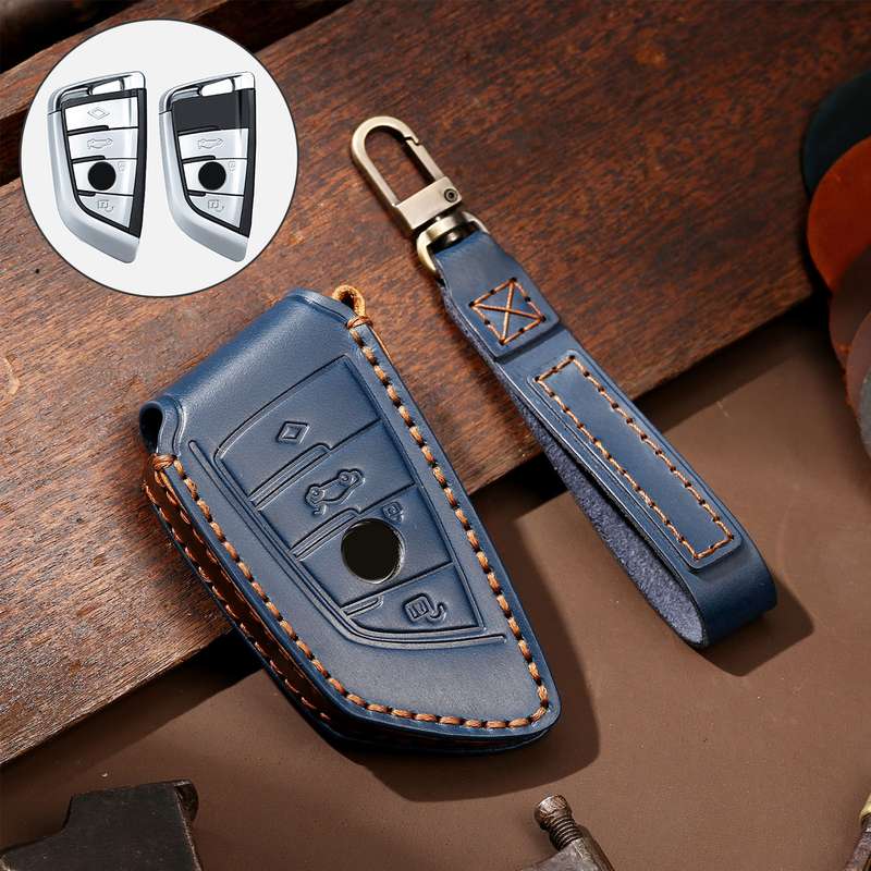 Hallmo Car Cowhide Leather Key Protective Cover Key Case for BMW Blade Style(Black)
