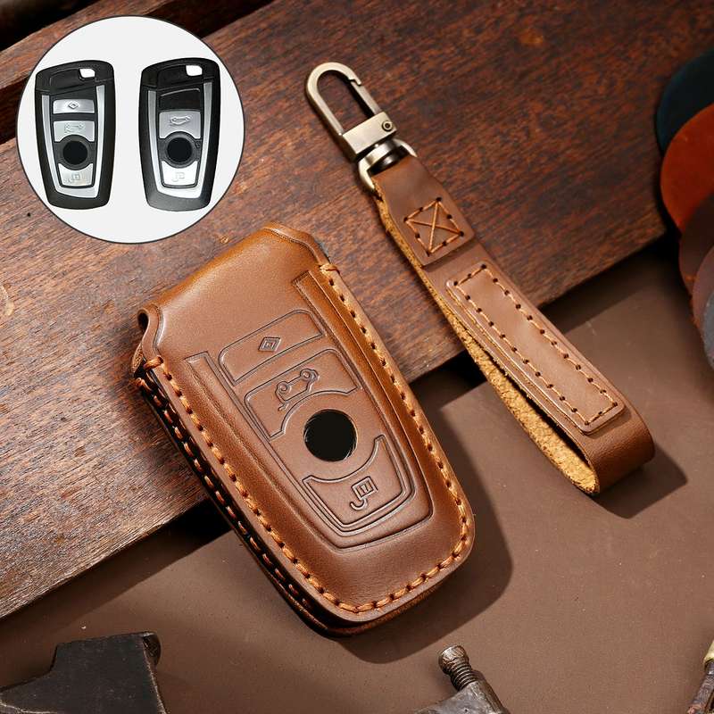 Hallmo Car Cowhide Leather Key Protective Cover Key Case for Old BMW(Blue)