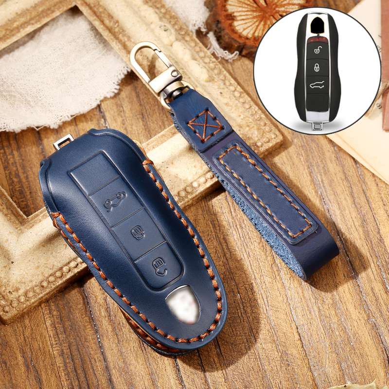 Hallmo Car Cowhide Leather Key Protective Cover Key Case for Porsche Macan 718 2021 A Style(Black)