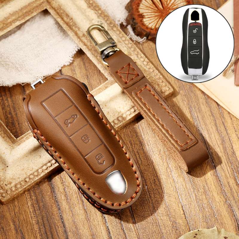 Hallmo Car Cowhide Leather Key Protective Cover Key Case for Porsche Macan 718 2021 A Style(Black)