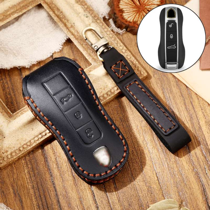 Hallmo Car Cowhide Leather Key Protective Cover Key Case for Porsche Macan 718 2021 B Style(Black)
