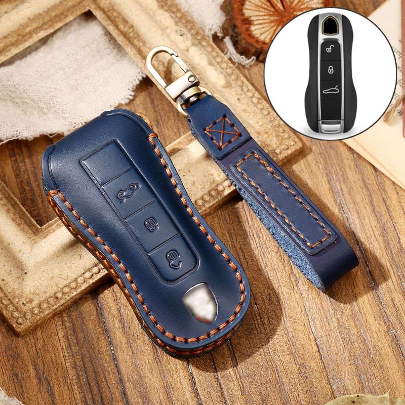 Hallmo Car Cowhide Leather Key Protective Cover Key Case for Porsche Macan 718 2021 B Style(Black)