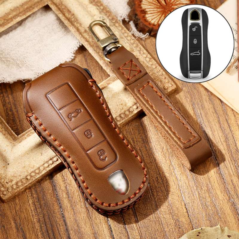 Hallmo Car Cowhide Leather Key Protective Cover Key Case for Porsche Macan 718 2021 B Style(Black)
