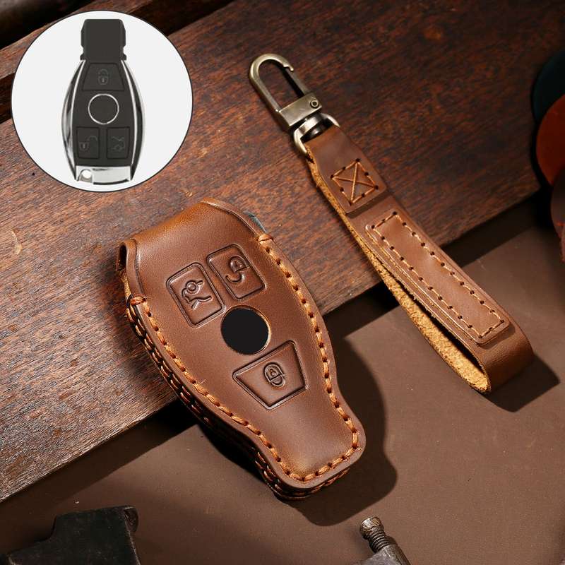 Hallmo Car Cowhide Leather Key Protective Cover Key Case for Old Mercedes-Benz E300L(Black)