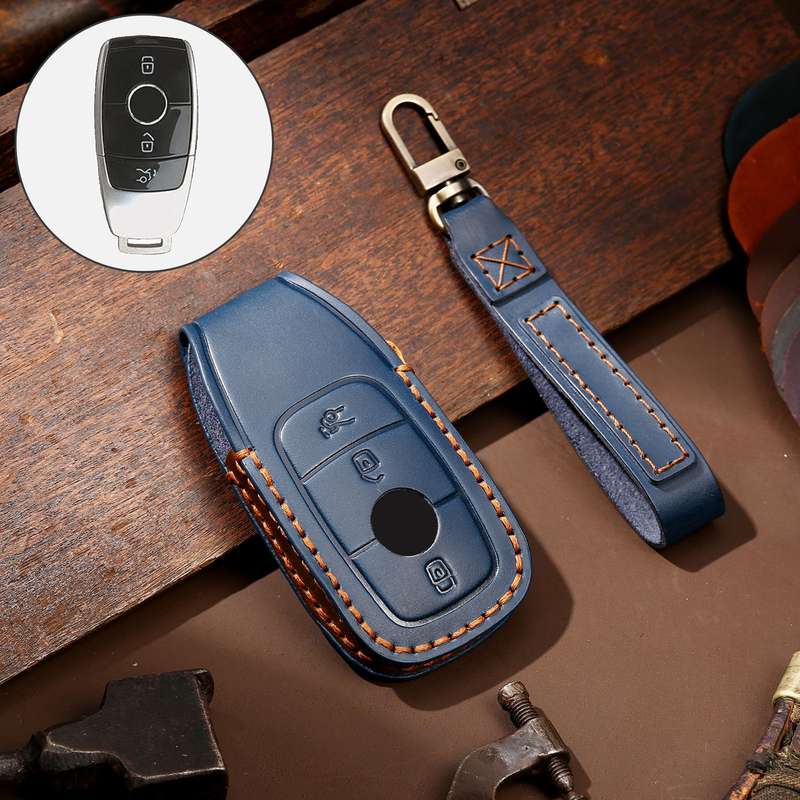 Hallmo Car Cowhide Leather Key Protective Cover Key Case for New Mercedes-Benz E300L(Black)