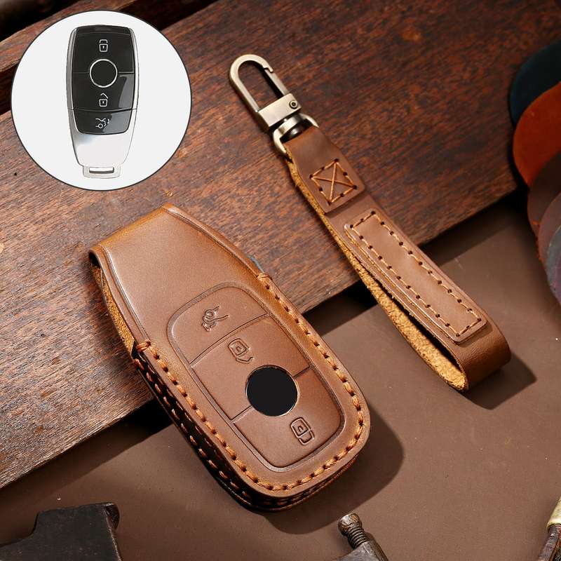 Hallmo Car Cowhide Leather Key Protective Cover Key Case for New Mercedes-Benz E300L(Black)