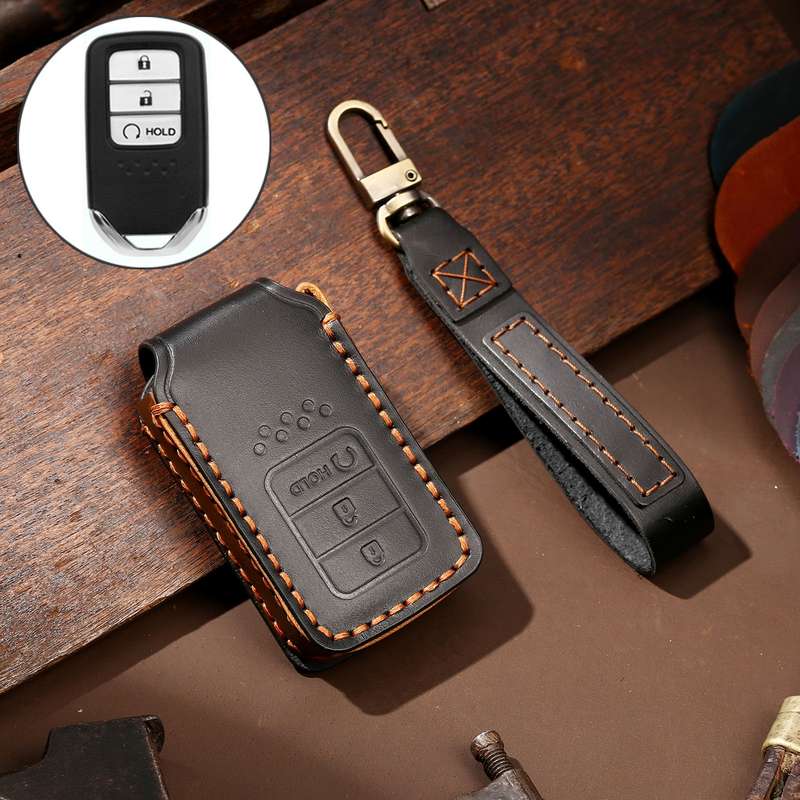 Hallmo Car Cowhide Leather Key Protective Cover Key Case for Honda Civic / Accord 3-button Start(Bla