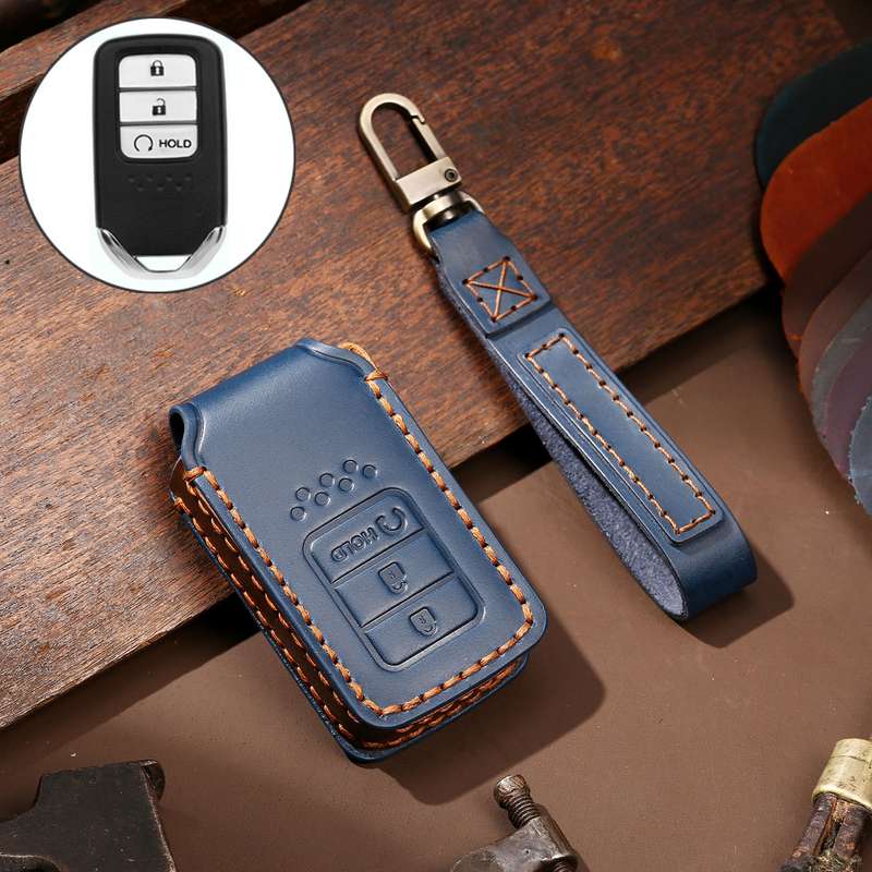 Hallmo Car Cowhide Leather Key Protective Cover Key Case for Honda Civic / Accord 3-button Start(Bla