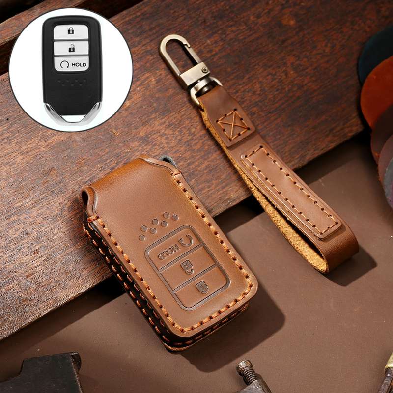Hallmo Car Cowhide Leather Key Protective Cover Key Case for Honda Civic / Accord 3-button Start(Bla