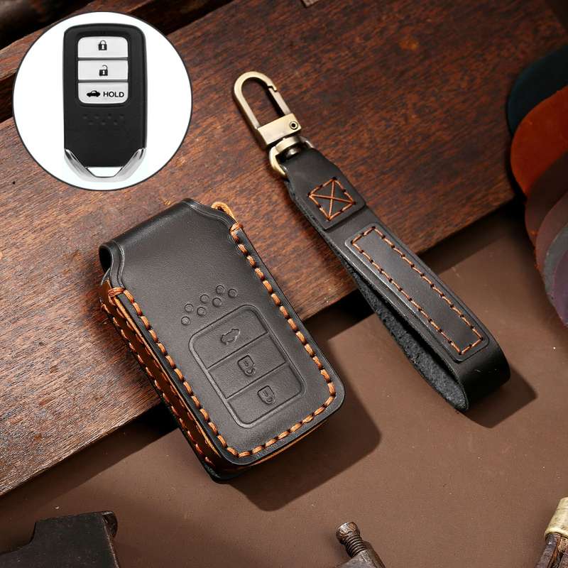 Hallmo Car Cowhide Leather Key Protective Cover Key Case for Honda Civic / Accord 3-button Tail Box(