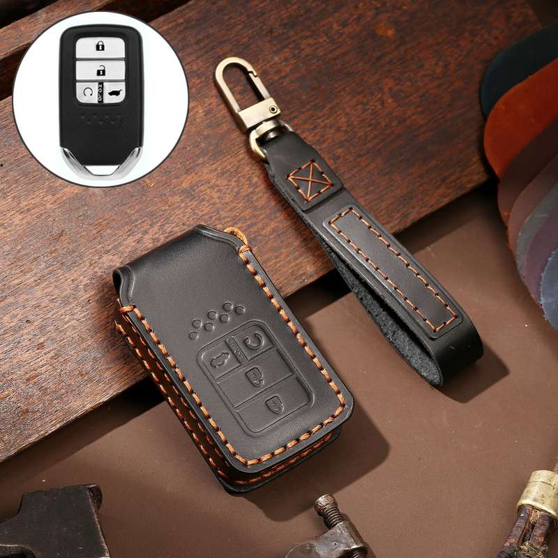 Hallmo Car Cowhide Leather Key Protective Cover Key Case for Honda Civic / Accord 4-button(Black)