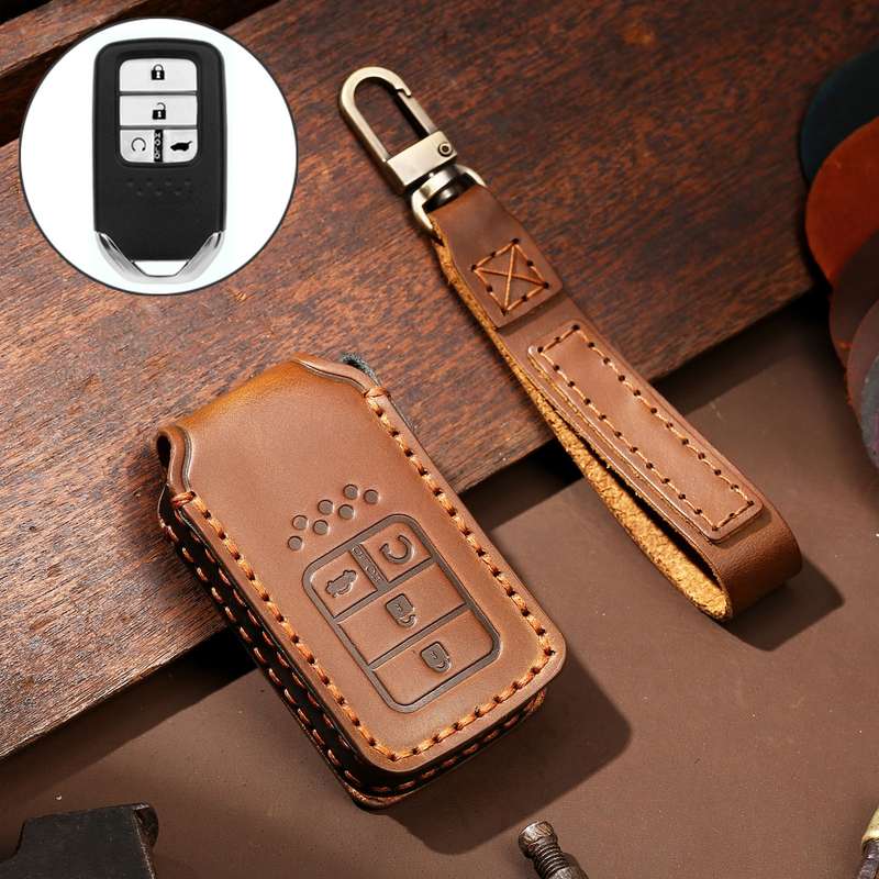 Hallmo Car Cowhide Leather Key Protective Cover Key Case for Honda Civic / Accord 4-button(Brown)