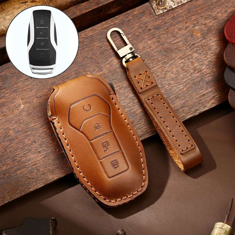 Hallmo Car Cowhide Leather Key Protective Cover Key Case for BYD(Black)