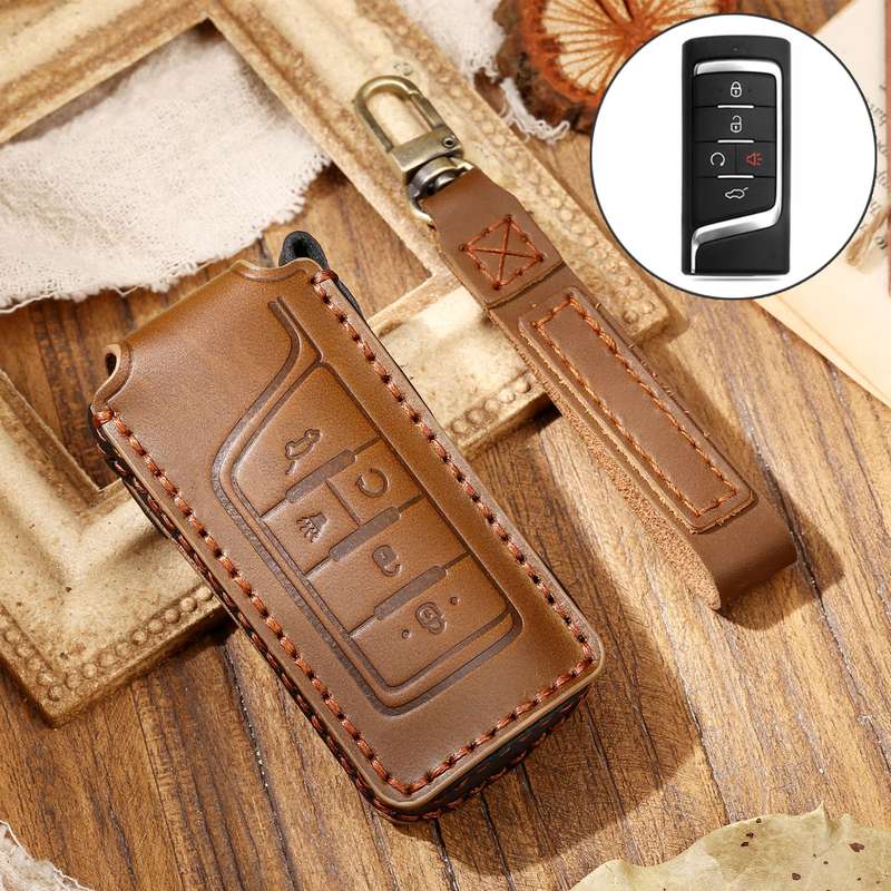 Hallmo Car Cowhide Leather Key Protective Cover Key Case for Trumpchi GS4 2021 B Style(Black)