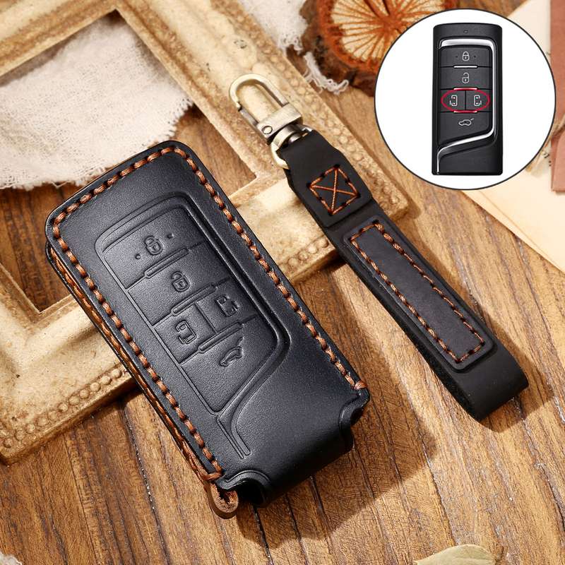 Hallmo Car Cowhide Leather Key Protective Cover Key Case for Trumpchi GS4 2021 C Style(Black)
