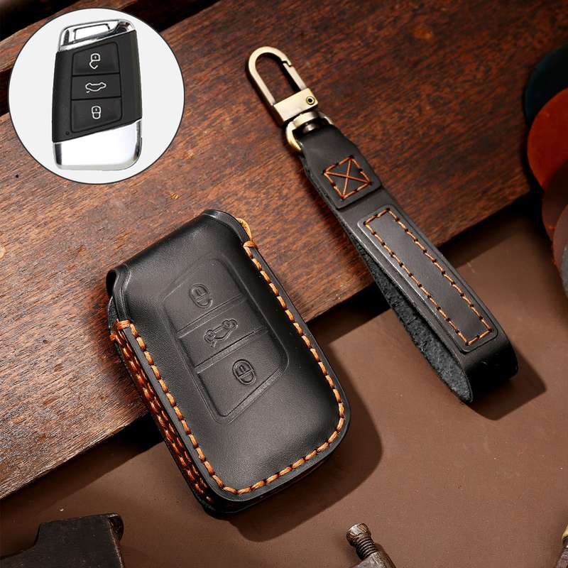Hallmo Car Cowhide Leather Key Protective Cover Key Case for Volkswagen Lavida A Style(Black)
