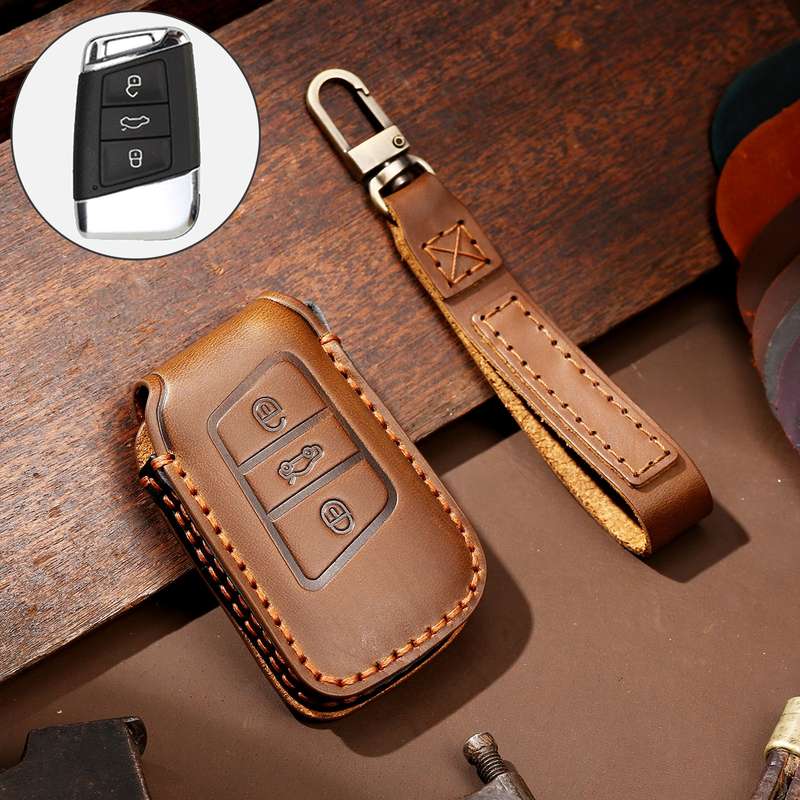 Hallmo Car Cowhide Leather Key Protective Cover Key Case for Volkswagen Lavida A Style(Black)