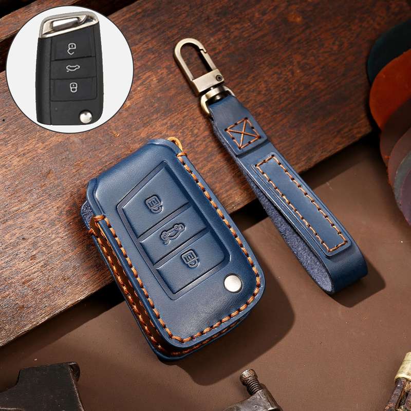 Hallmo Car Cowhide Leather Key Protective Cover Key Case for Volkswagen Lavida B Style(Black)