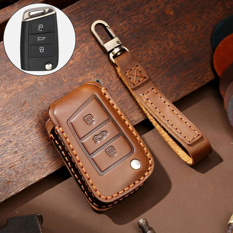 Hallmo Car Cowhide Leather Key Protective Cover Key Case for Volkswagen Lavida B Style(Black)