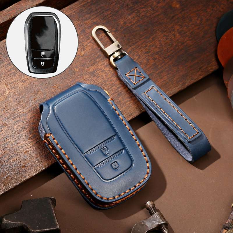 Hallmo Car Cowhide Leather Key Protective Cover Key Case for Toyota Corolla 2017 2-button(Black)