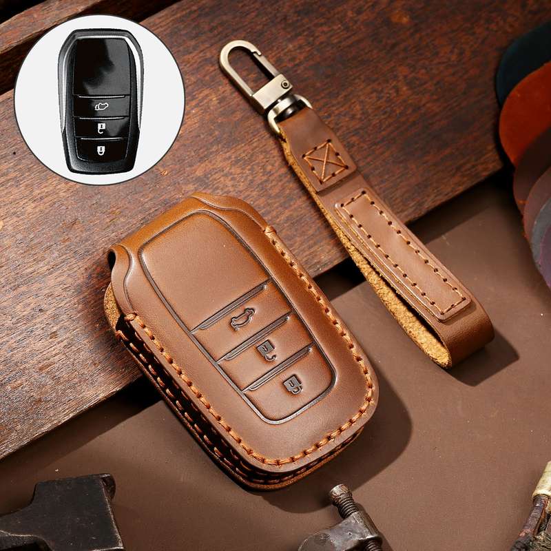 Hallmo Car Cowhide Leather Key Protective Cover Key Case for Toyota Corolla 2017 3-button(Black)
