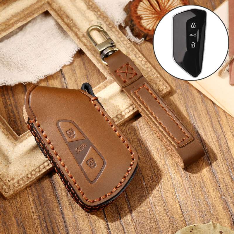 Hallmo Car Cowhide Leather Key Protective Cover Key Case for Volkswagen Golf 8(Black)