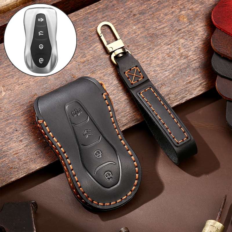 Hallmo Car Cowhide Leather Key Protective Cover Key Case for Geely Emgrand A Style(Black)