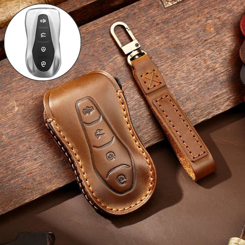 Hallmo Car Cowhide Leather Key Protective Cover Key Case for Geely Emgrand A Style(Black)