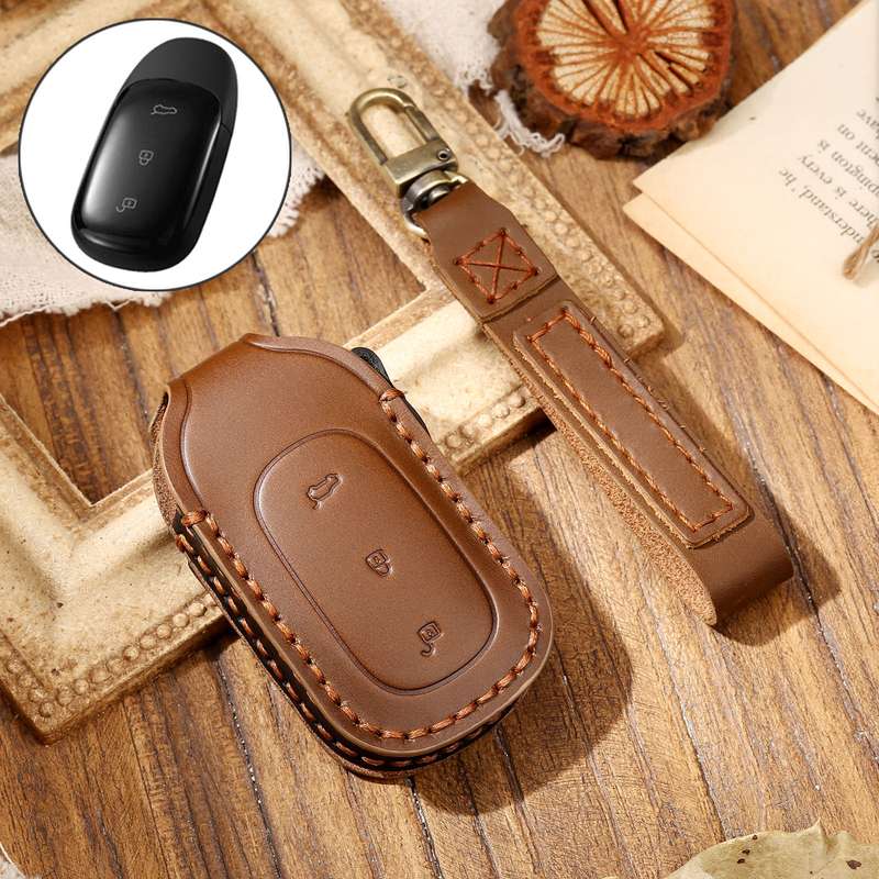 Hallmo Car Cowhide Leather Key Protective Cover Key Case for LEADING IDEAL One(Black)