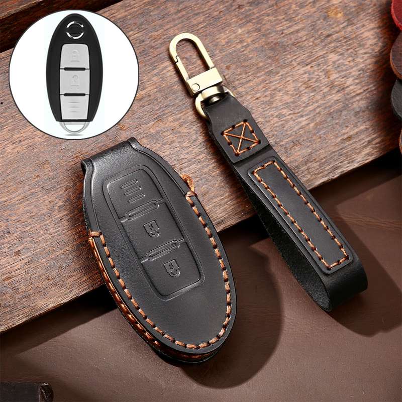 Hallmo Car Cowhide Leather Key Protective Cover Key Case for Nissan Sylphy 2-button(Brown)