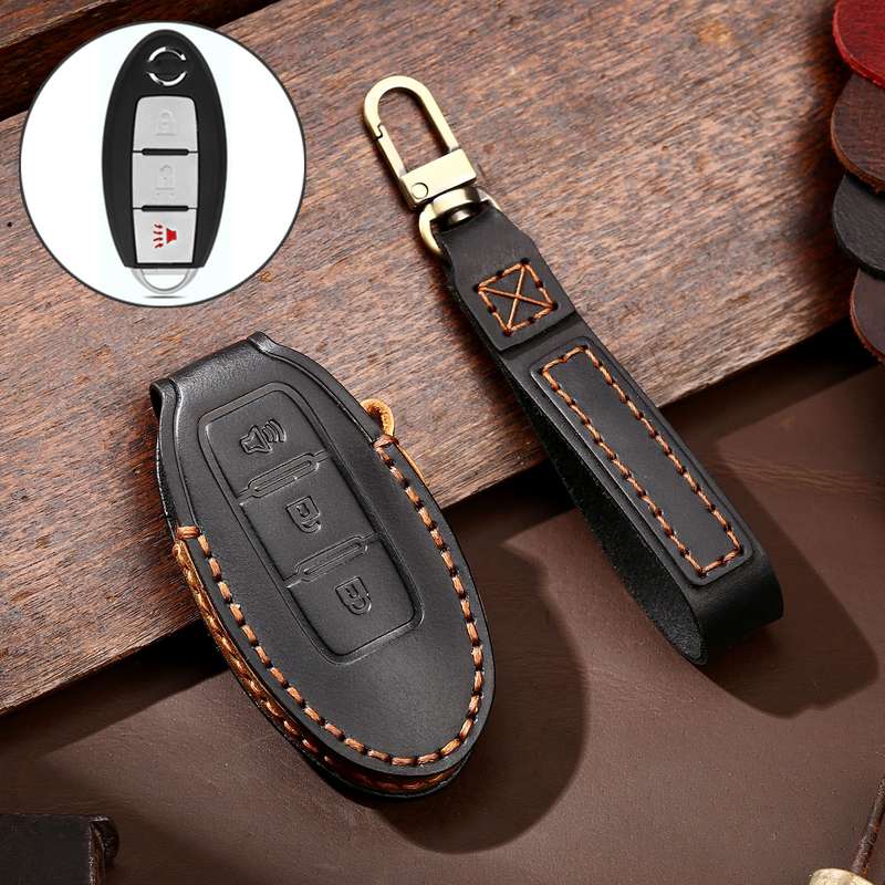 Hallmo Car Cowhide Leather Key Protective Cover Key Case for Nissan Sylphy 3-button Horn(Black)