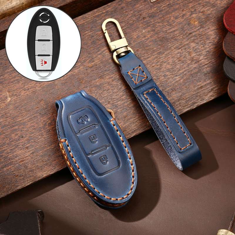 Hallmo Car Cowhide Leather Key Protective Cover Key Case for Nissan Sylphy 3-button Horn(Black)