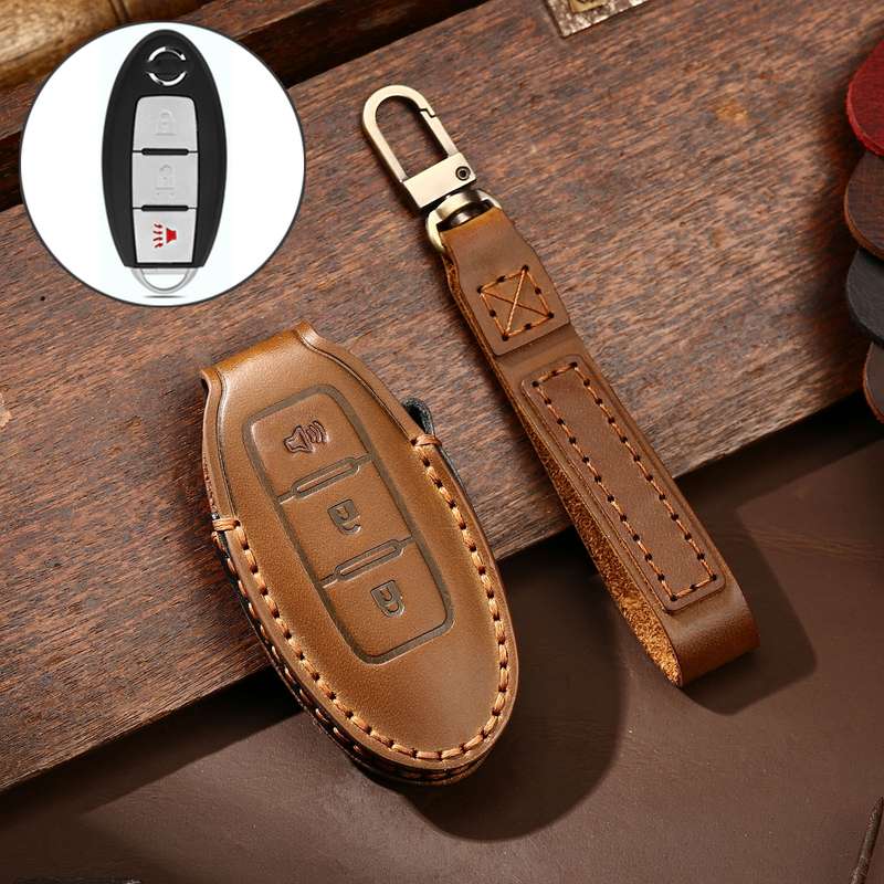 Hallmo Car Cowhide Leather Key Protective Cover Key Case for Nissan Sylphy 3-button Horn(Black)
