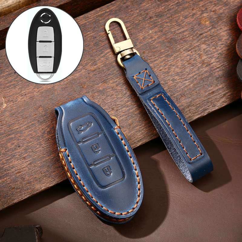 Hallmo Car Cowhide Leather Key Protective Cover Key Case for Nissan Sylphy 3-button Tail Box(Black)