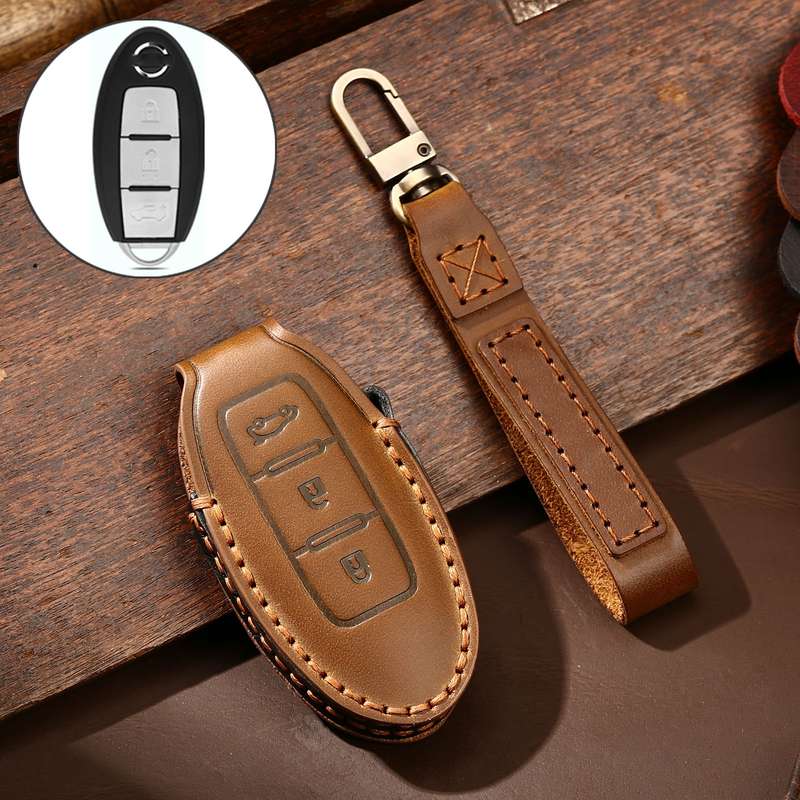 Hallmo Car Cowhide Leather Key Protective Cover Key Case for Nissan Sylphy 3-button Tail Box(Black)