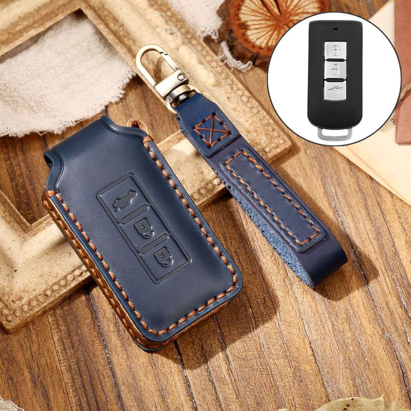 Hallmo Car Cowhide Leather Key Protective Cover Key Case for Mitsubishi Outlander(Black)