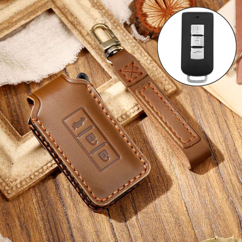 Hallmo Car Cowhide Leather Key Protective Cover Key Case for Mitsubishi Outlander(Black)