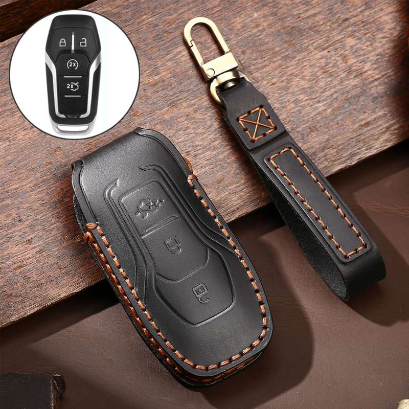 Hallmo Car Cowhide Leather Key Protective Cover Key Case for Ford Focus A Style(Black)